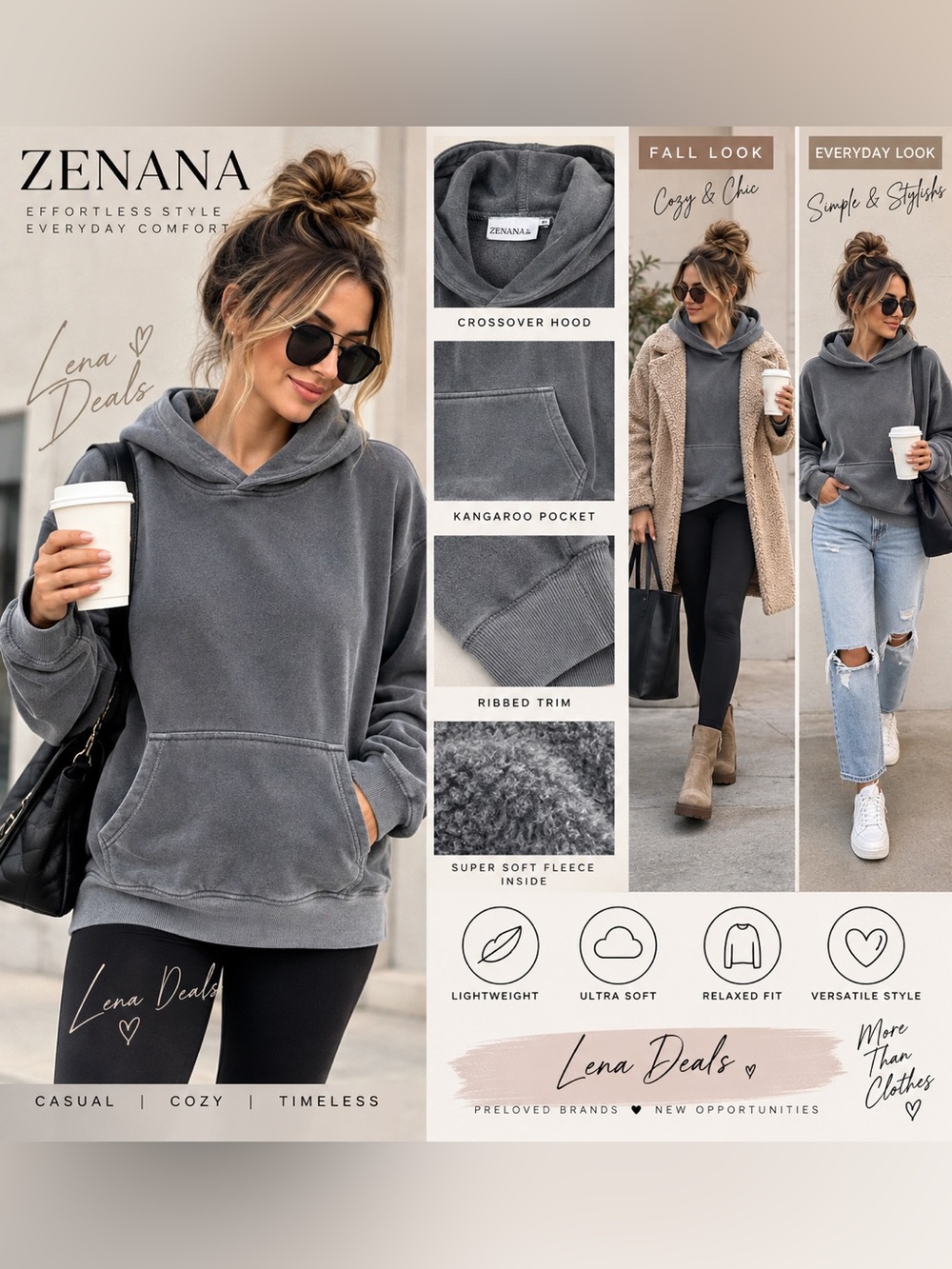 Zenana Washed Ash Black Fleece Hoodie Women’s  Cozy Relaxed Fit